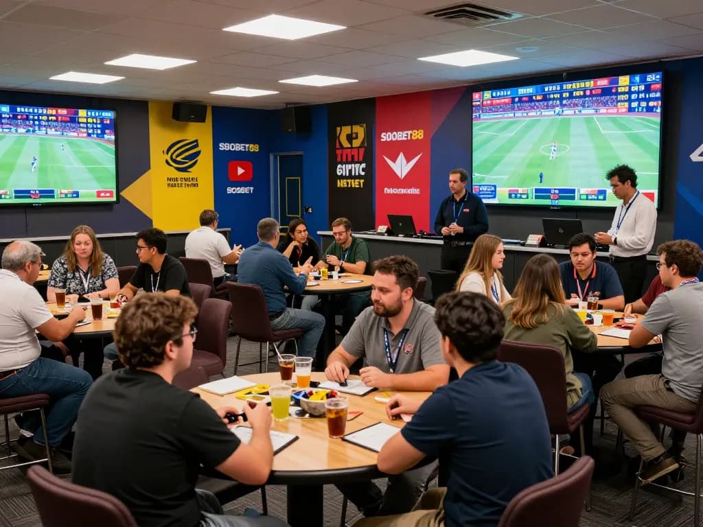 Exciting SBOBET88 betting scene with enthusiastic bettors and live sports updates.