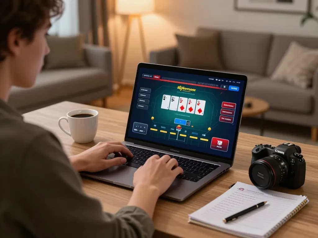 Player engaging in online poker gaming with LC88 interface on laptop.