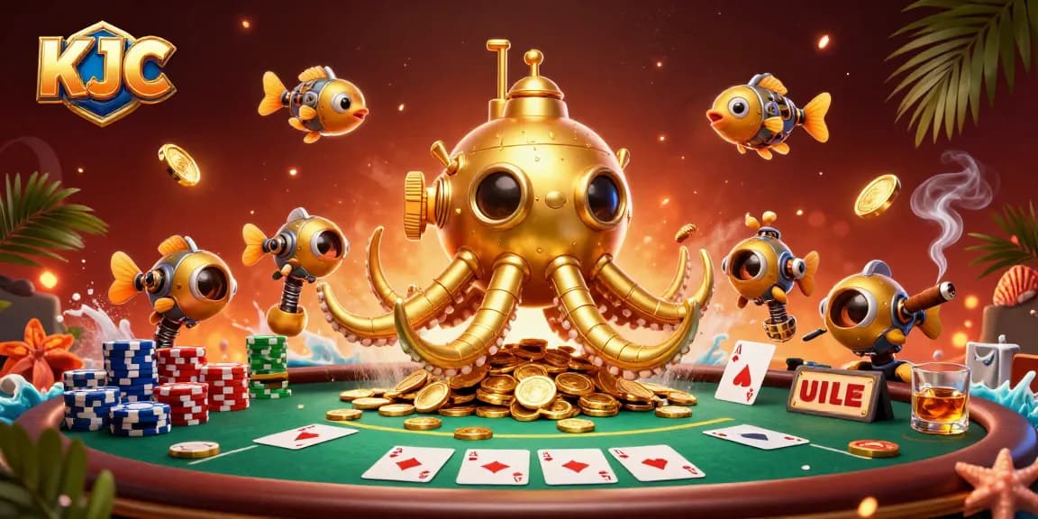 KJC players engaging with thrilling golden kraken submarine and poker activities, immersing in the casino experience.