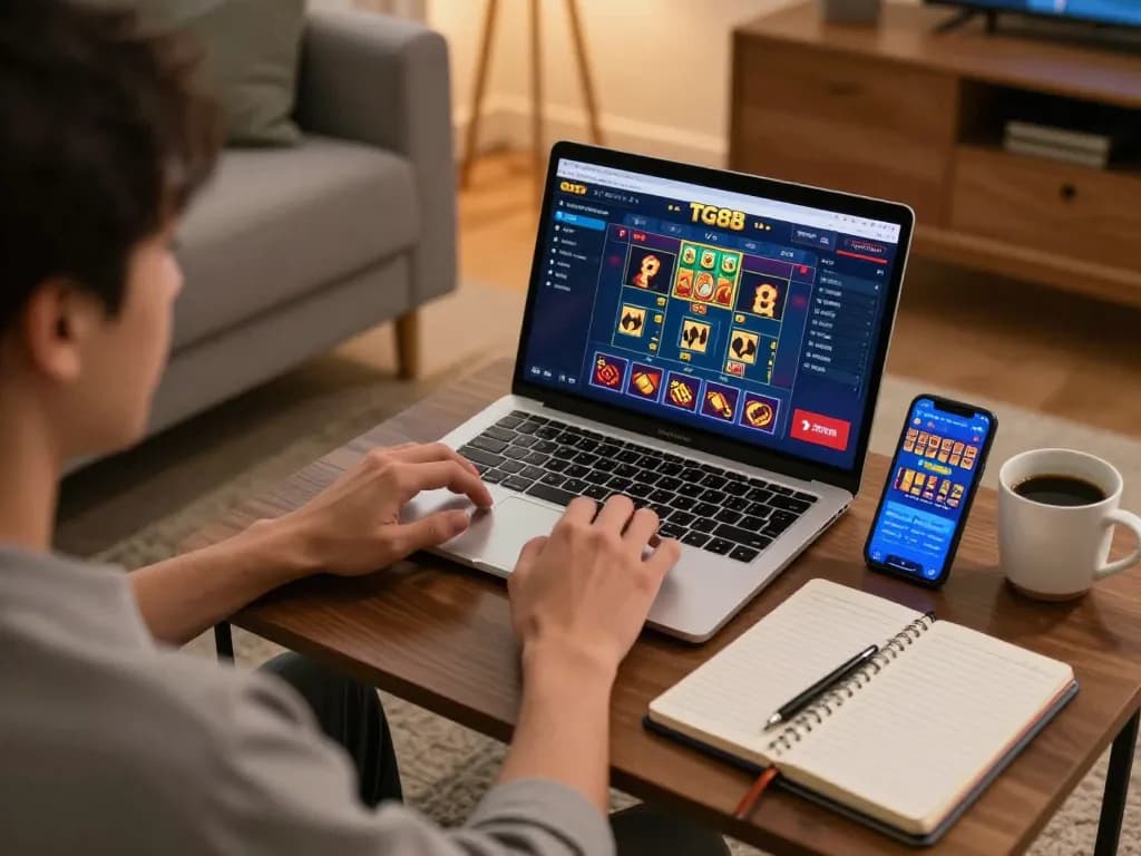 Tg88 player engaging in online casino gaming from a cozy home setup with laptop and smartphone.