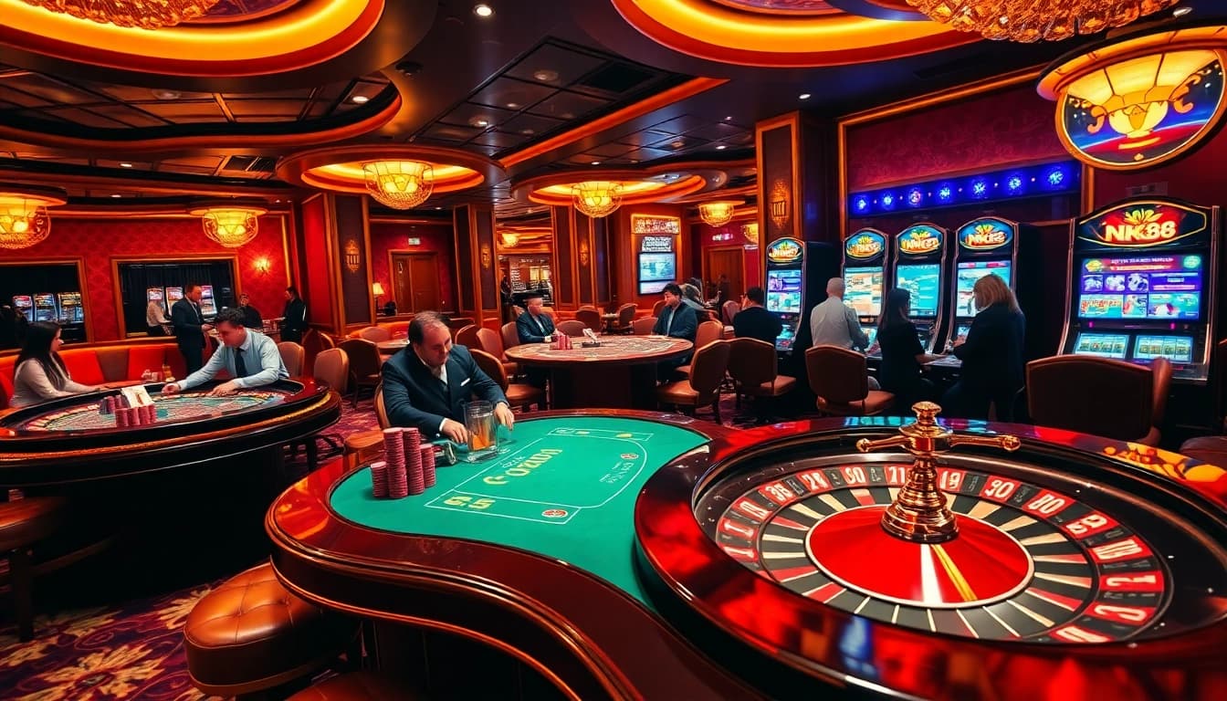 NK88 players engaged in thrilling casino action at a luxurious gaming table.