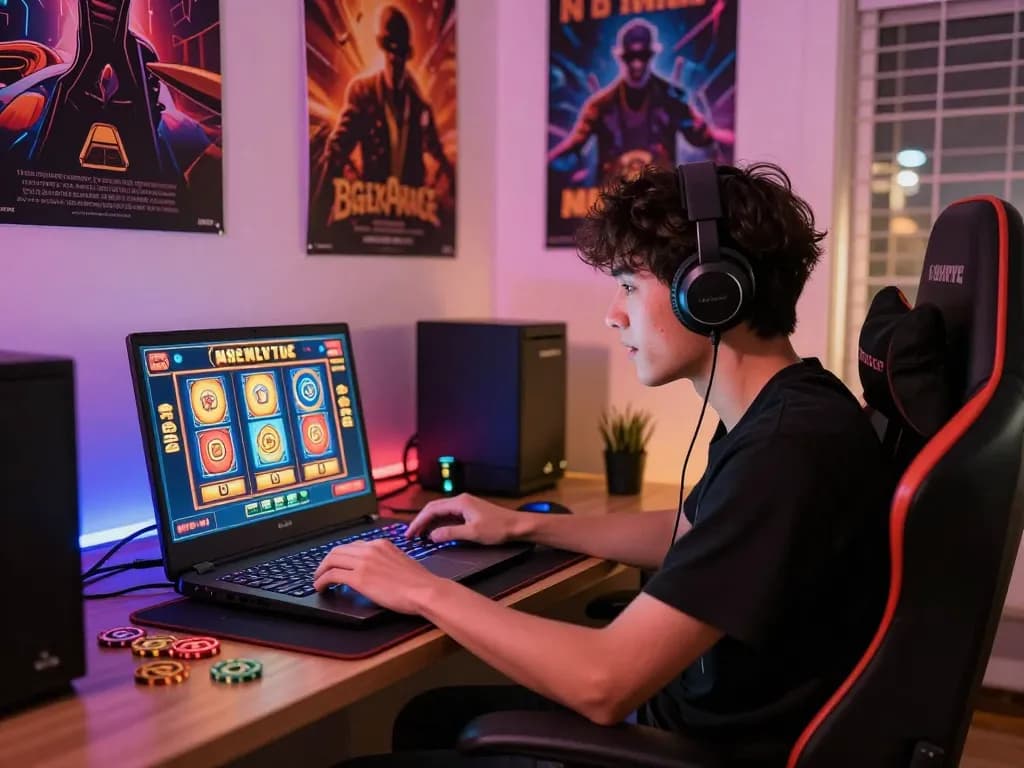 Engaged player enjoying zeus138 slot games in a cozy home gaming setup with vibrant screen glow
