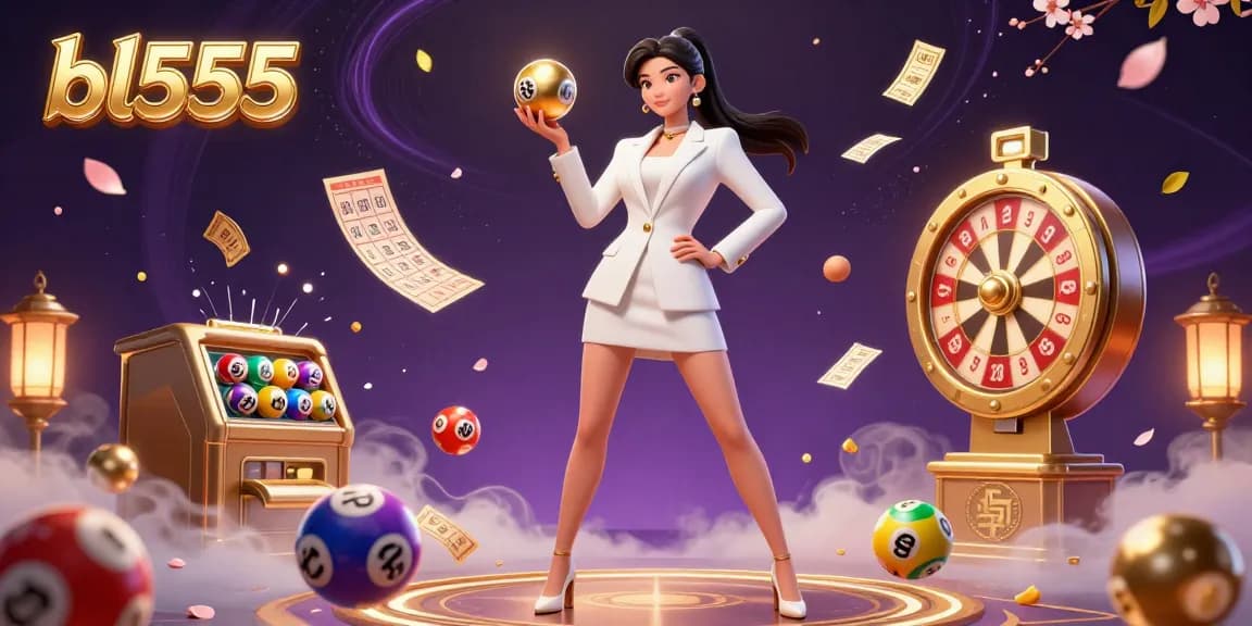 Engage in lively fun at bl555 with a vibrant 3D digital casino scene featuring colorful lottery elements and a confident woman.