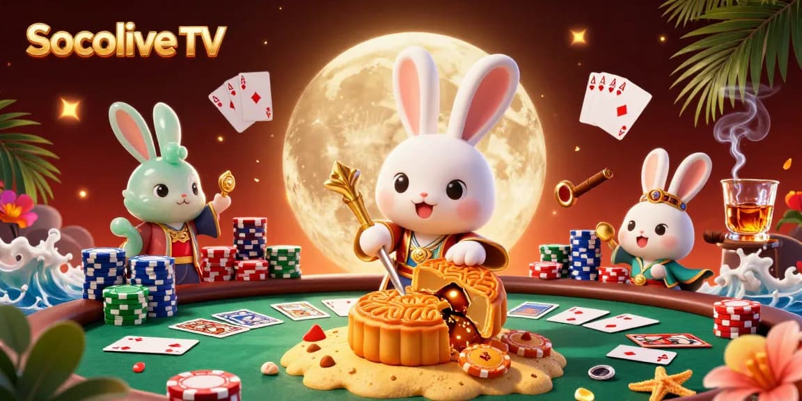 Socolive TV brings immersive poker action with vibrant characters on a moonlit stage showcasing poker chips and game elements.