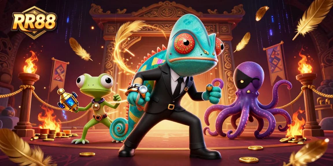 RR88 thrilling online casino action scene with a chameleon secret agent, a tech gecko, and an octopus villain.