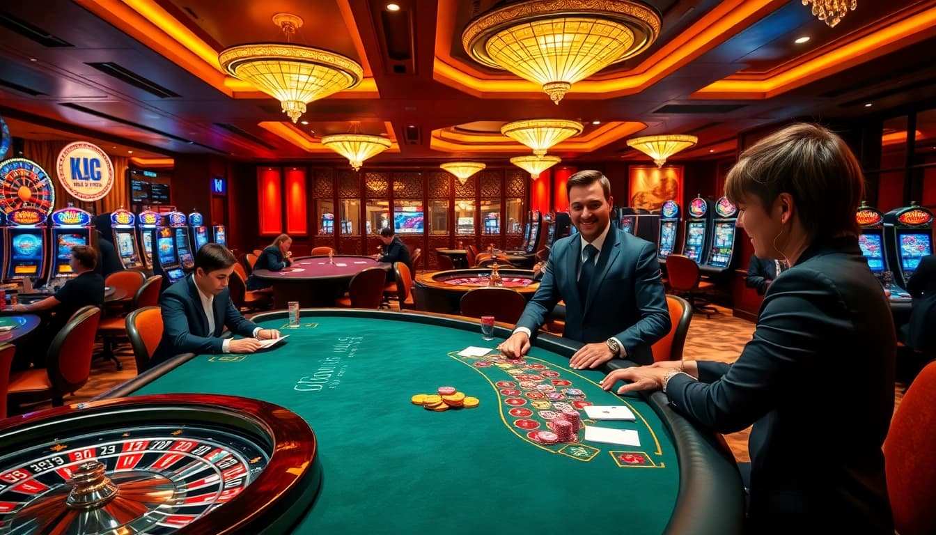 Engaging players at nhà cái KJC table games in a luxurious casino atmosphere.