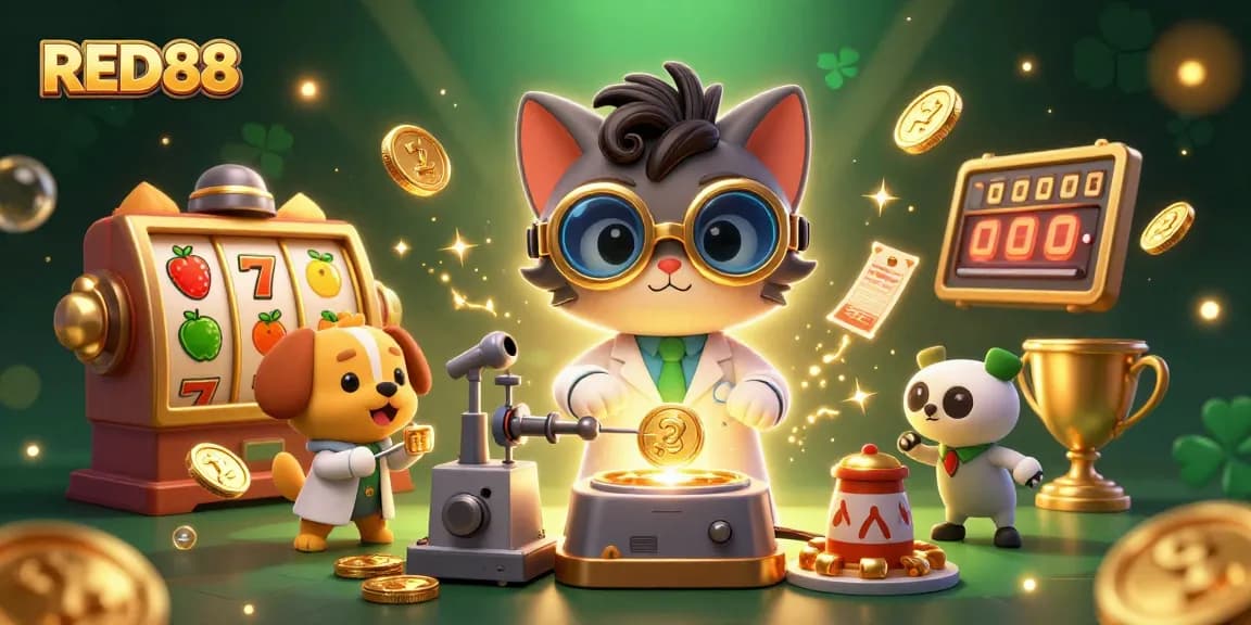 Experience RED88's thrilling casino action with the mad scientist cat and dog in a vibrant, dynamic scene.