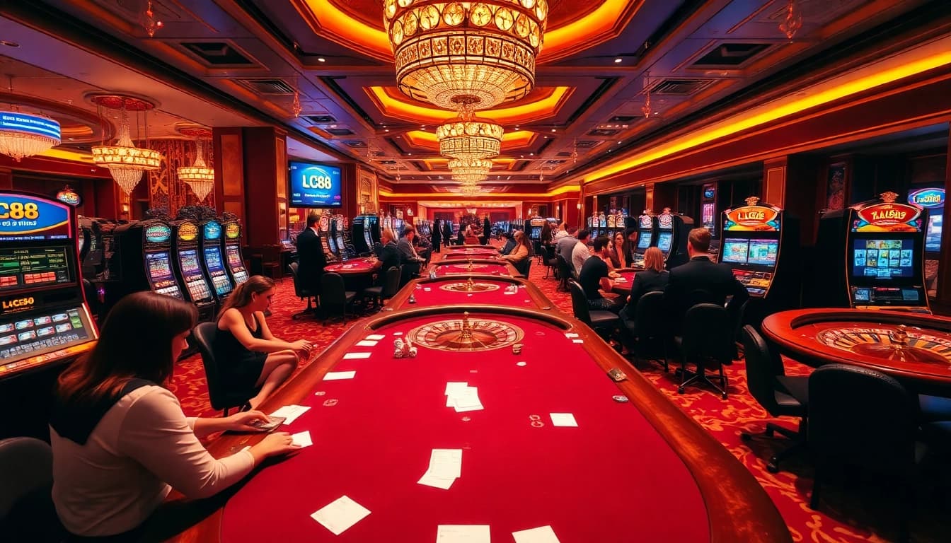 Exciting casino atmosphere with LC88 branding featuring poker tables and slot machines.