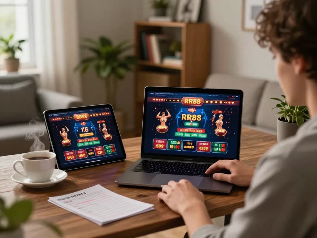 Player engaging in RR88 online gaming with laptop and tablet in a cozy home setup
