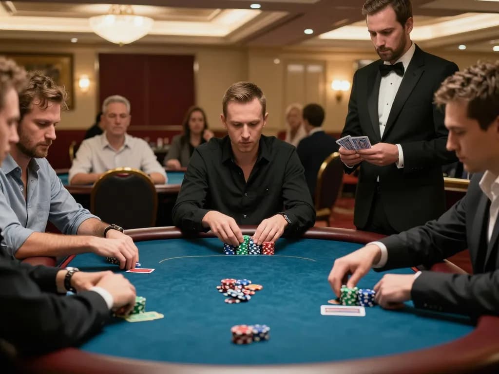F8 bet players strategizing in an intense poker game at a luxurious casino table
