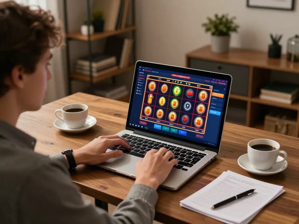 Engaging online gambling scene with a laptop showcasing link alternatif for better odds and winning strategies.