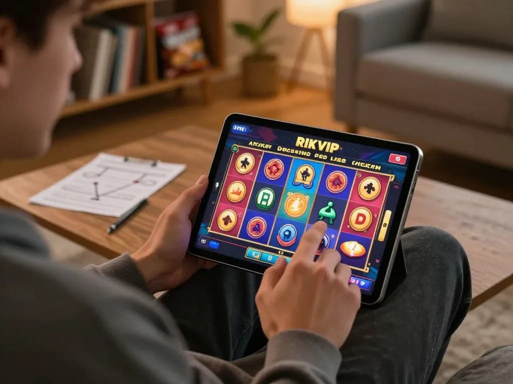 Engaging in online slots on RIKVIP's app in a cozy living room