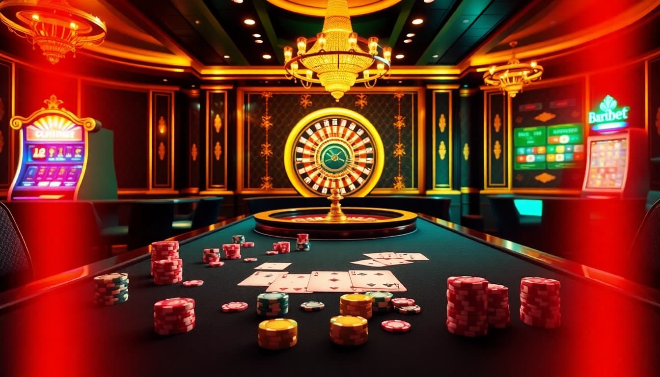 Experience the thrilling ambiance of 3Dbet with an elegant casino setting featuring vibrant gaming tables, chips, and cards.