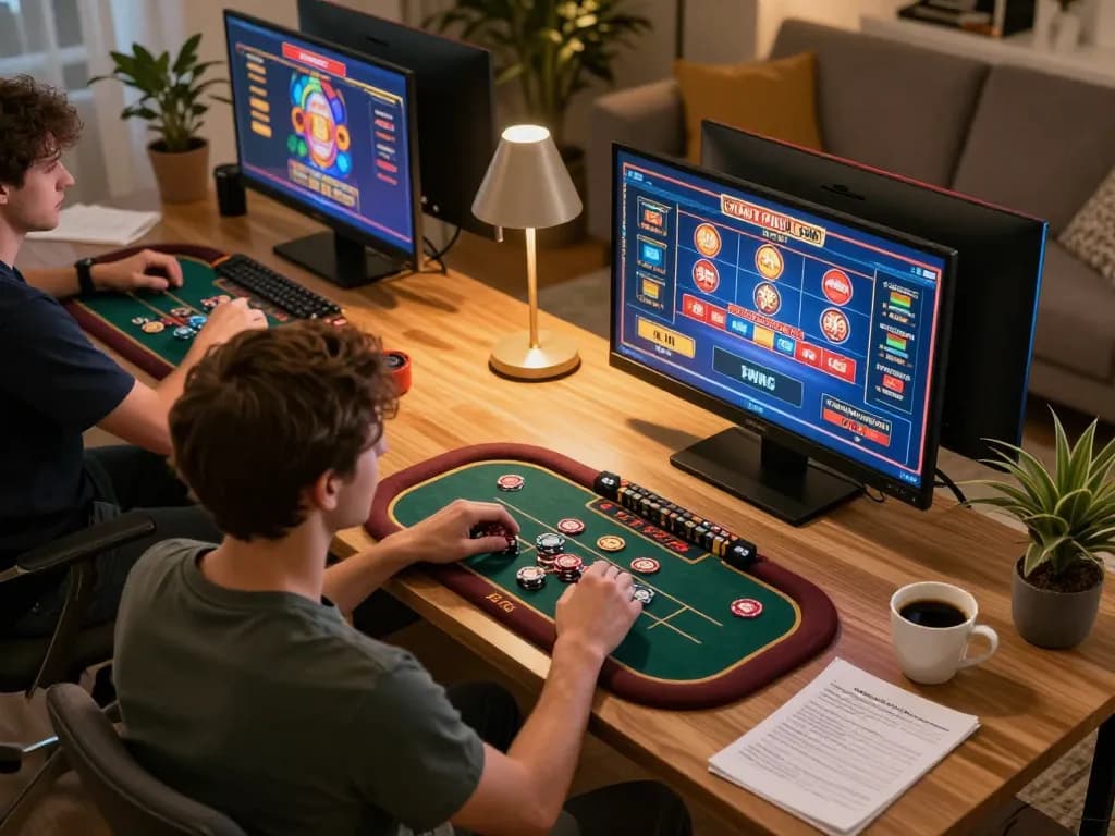 A person engaging with agen terpercaya online casino games on multiple screens in a cozy living room atmosphere.