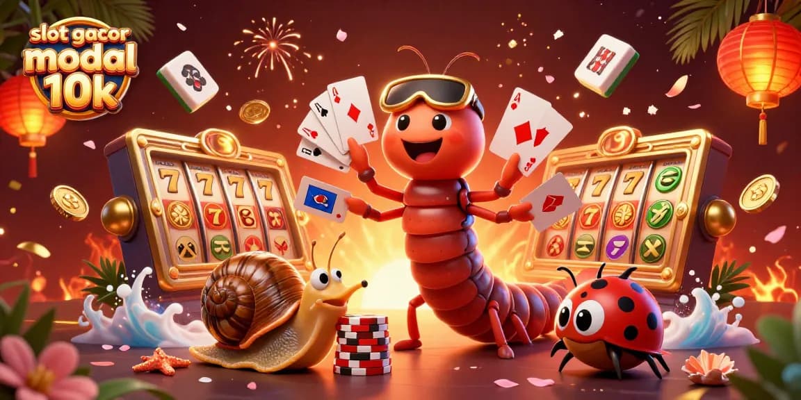 Engage with slot gacor modal 10k in a vibrant casino scene featuring a millipede dealer and high-roller snail.