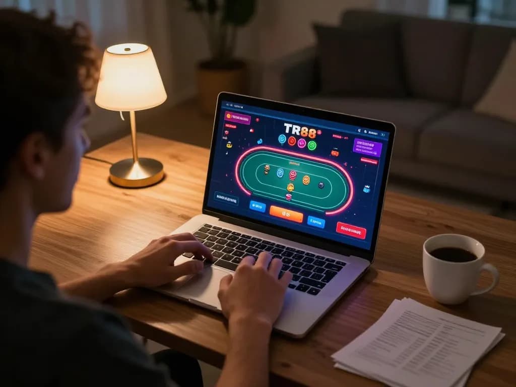 Engaging in online poker at TR88 with a warm home atmosphere and strategic notes nearby.