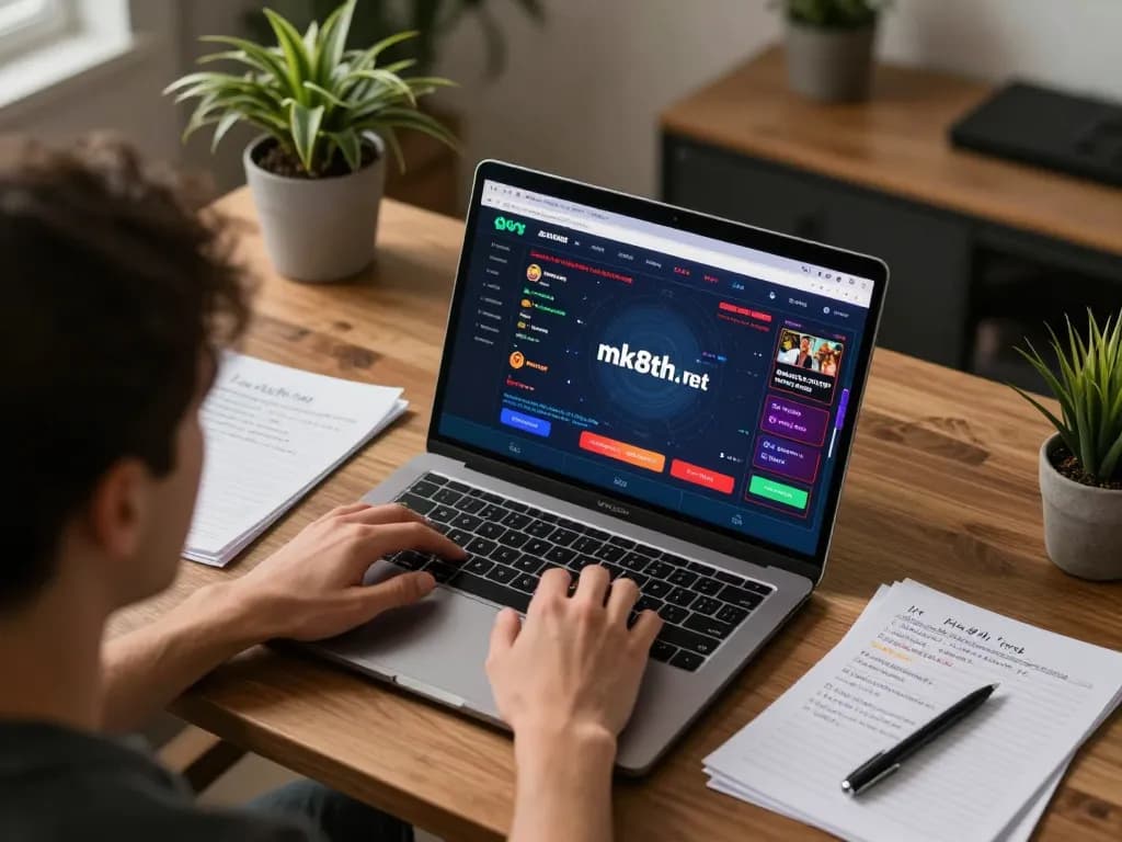Betting enthusiast engages with mk8th.net on a laptop amidst strategic gaming notes