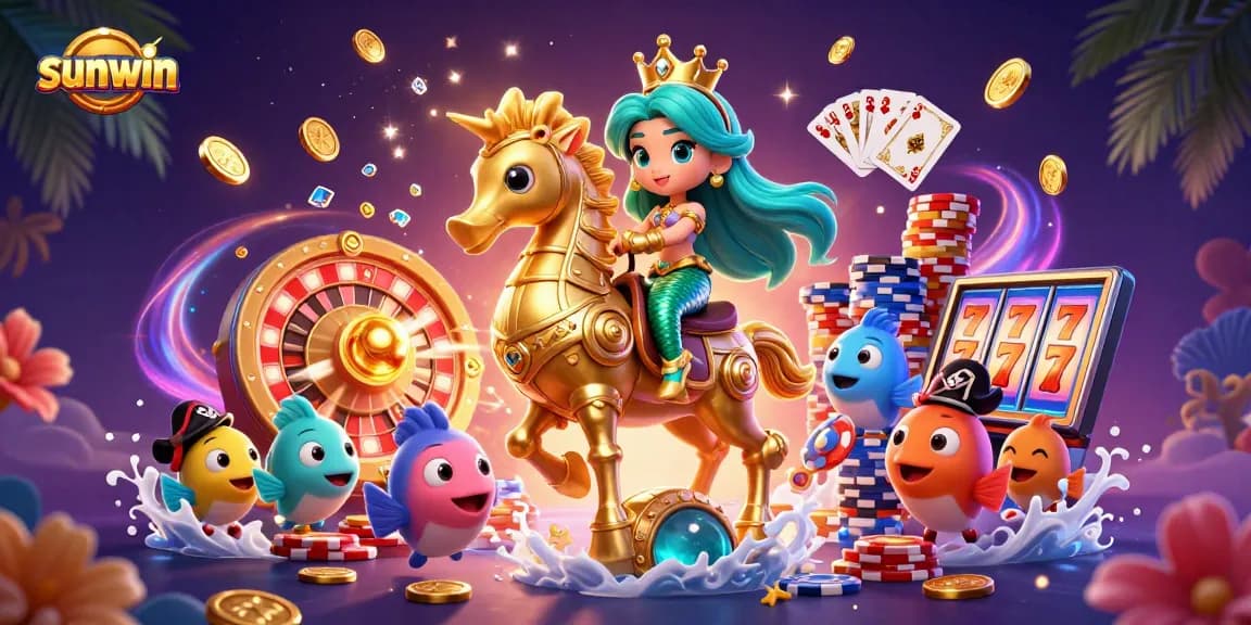 Experience the thrill of sunwin with this vibrant mermaid princess and her seahorse beside spinning roulette.