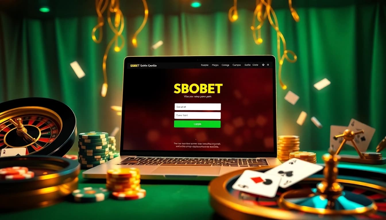 Engage with SBOBET login on a luxury online gambling interface surrounded by poker chips and cards.