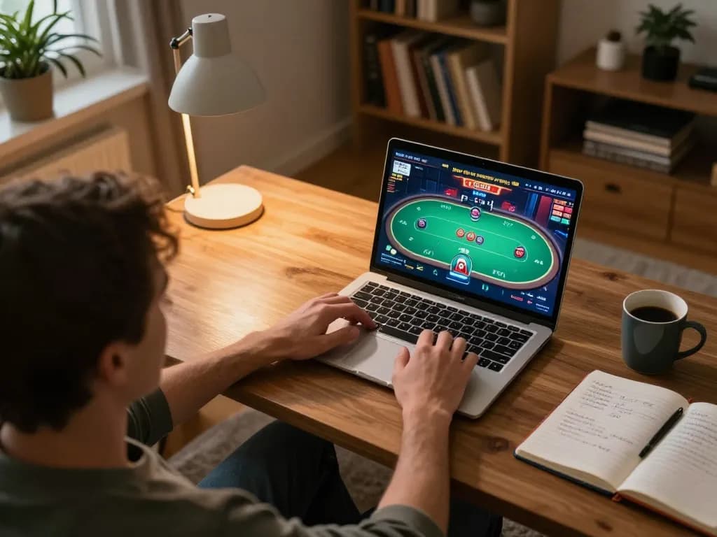 Person enjoying F168 poker on laptop in a cozy home setup with strategic notes.