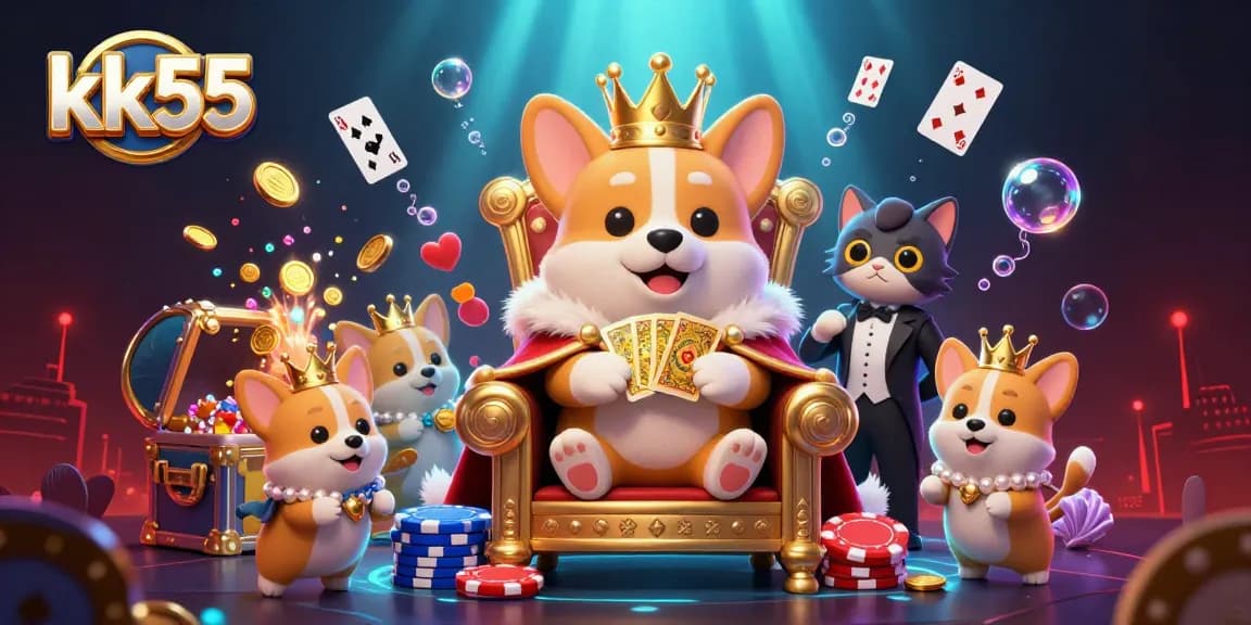 kk55 showcases an exciting royal corgi themed casino scene, featuring vibrant gold and colorful casino elements.
