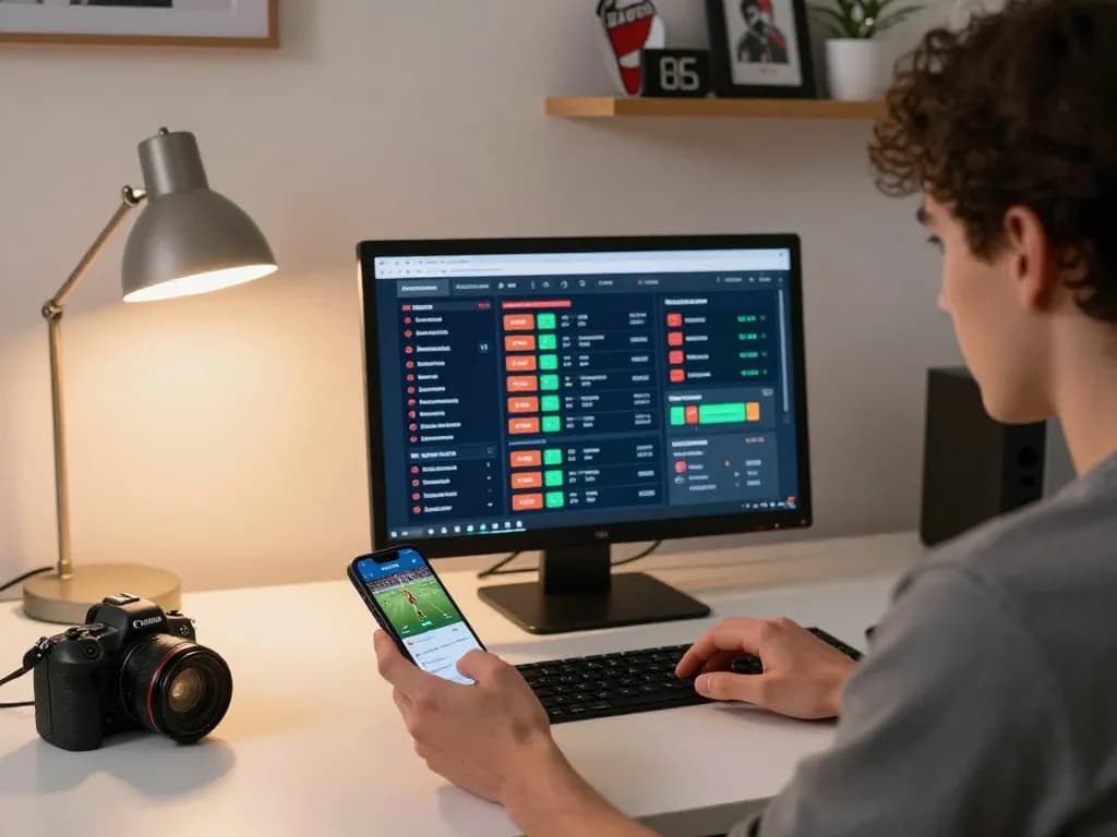 Engaging in sports betting at home with tg88 app visible on smartphone and computer screen.