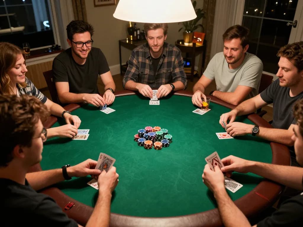 Players engage in strategic home poker night with LGOGOAL-themed chips and cards.
