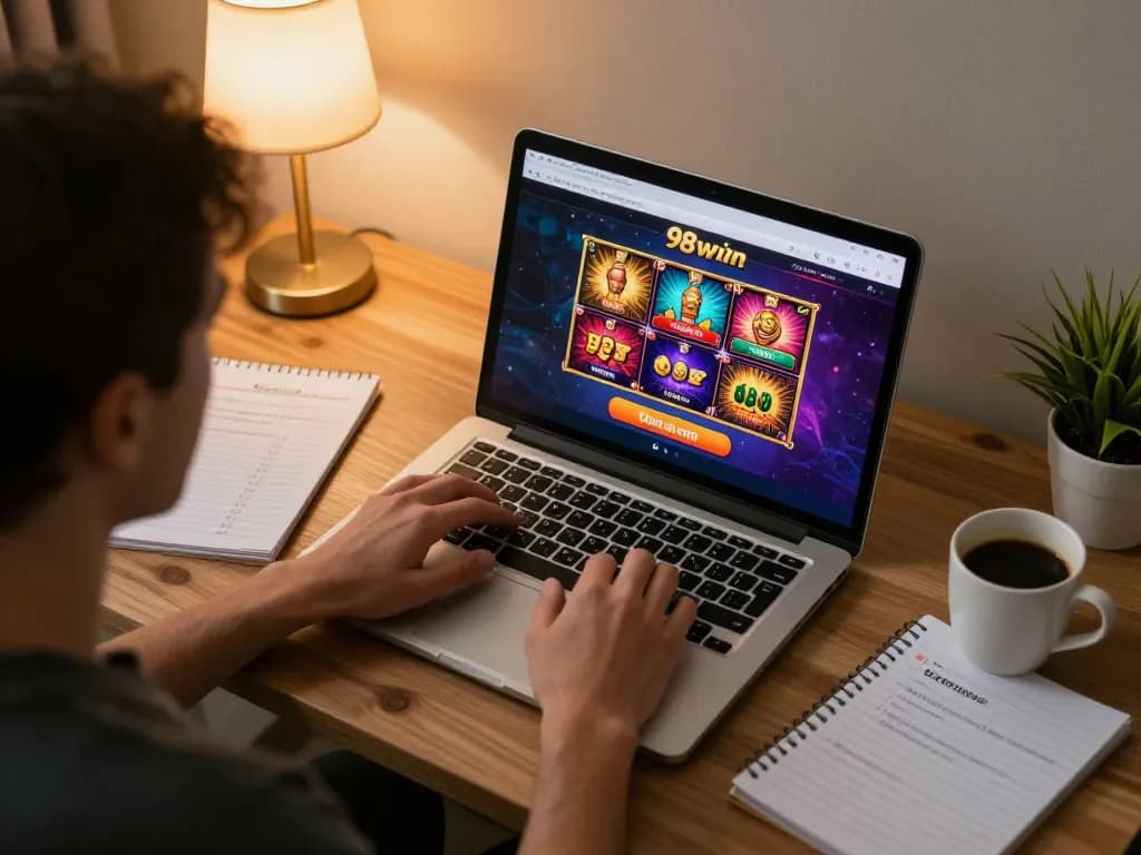 Player enjoying casino experience on 98win com with laptop and notes, focused on strategy.