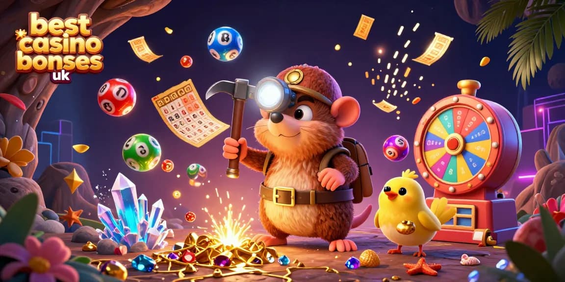Engage with the best casino bonuses uk in a vibrant 3D illustration featuring a treasure hunter mole and dynamic gaming elements.
