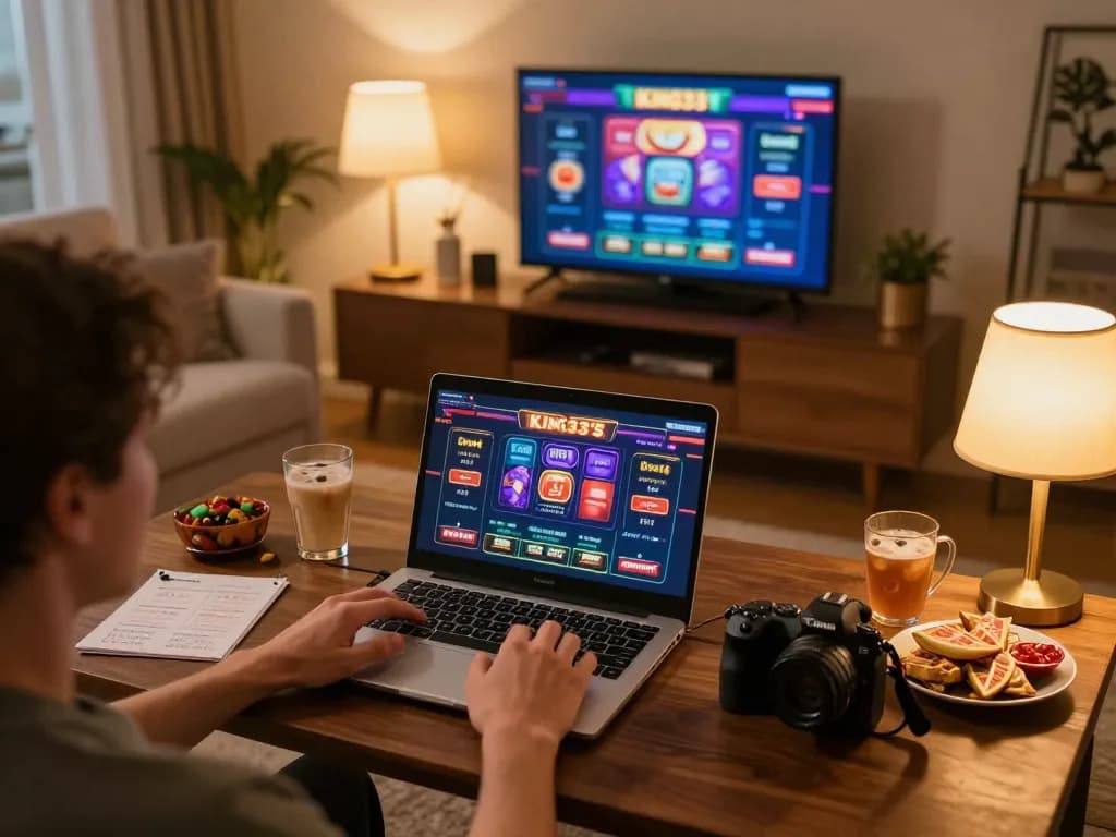 Engaged player using King33 for live dealer games on laptop in a cozy home setting