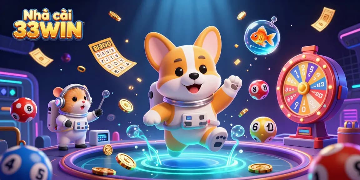 Engaging gaming scene with Nhà cái 33WIN featuring astronauts, lottery balls, and interactive casino elements.