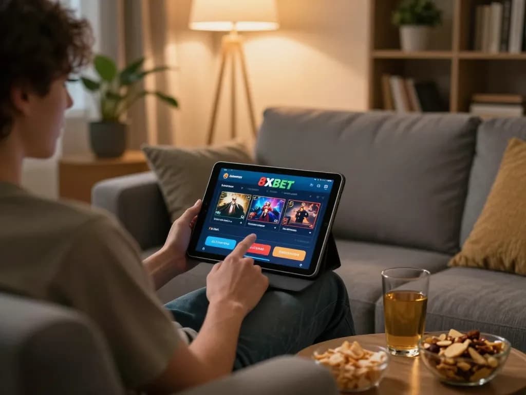 Person enjoying online gambling on 8xbet platform while relaxing at home.