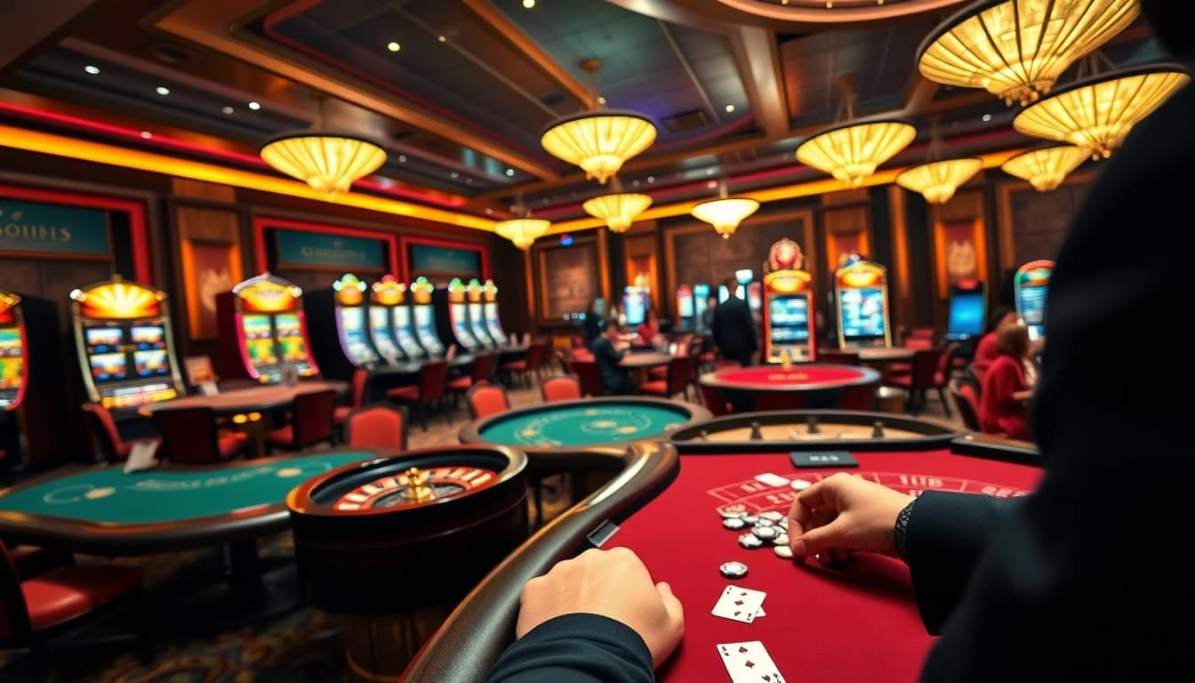 Experience the luxury of SODO casino gaming with players engaged at tables and colorful slot machines.