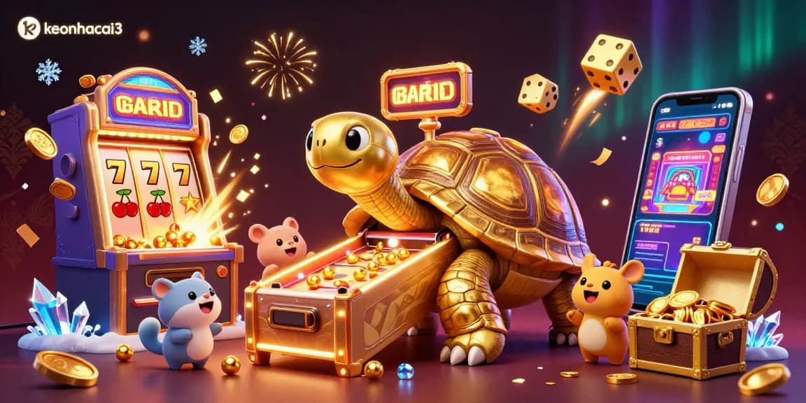 Engage with exciting casino fun as keonhacai3 showcases a golden tortoise pinball machine and dynamic slot explosions.