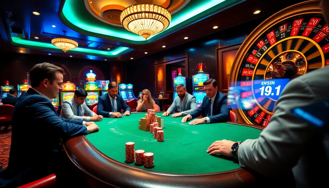 The excitement of a high-stakes poker game at https://go99.institute/ with colorful chips and a roulette wheel in the background.