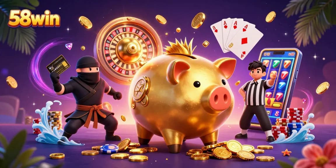 Experience excitement at 58win with dynamic casino visuals featuring a playful golden piggy bank and casino elements.