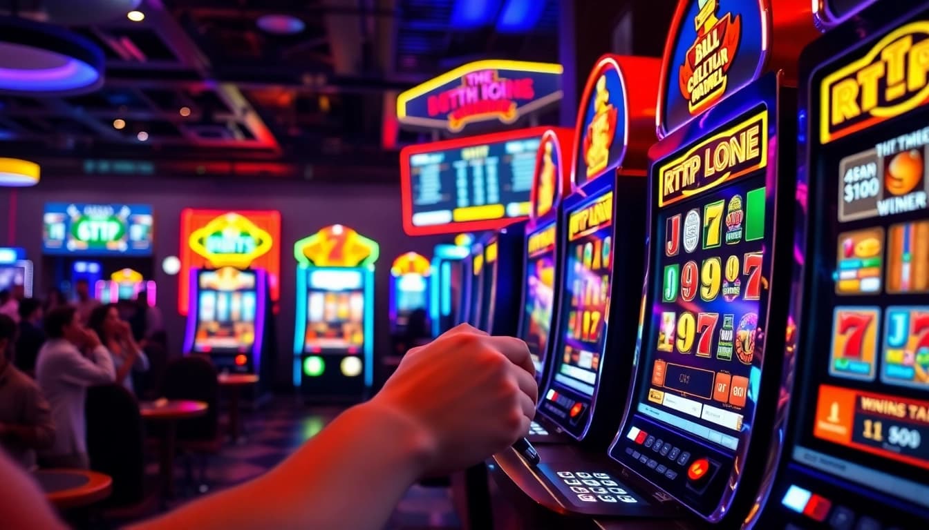 Player engaging with rtp slot machines amid vibrant casino atmosphere.