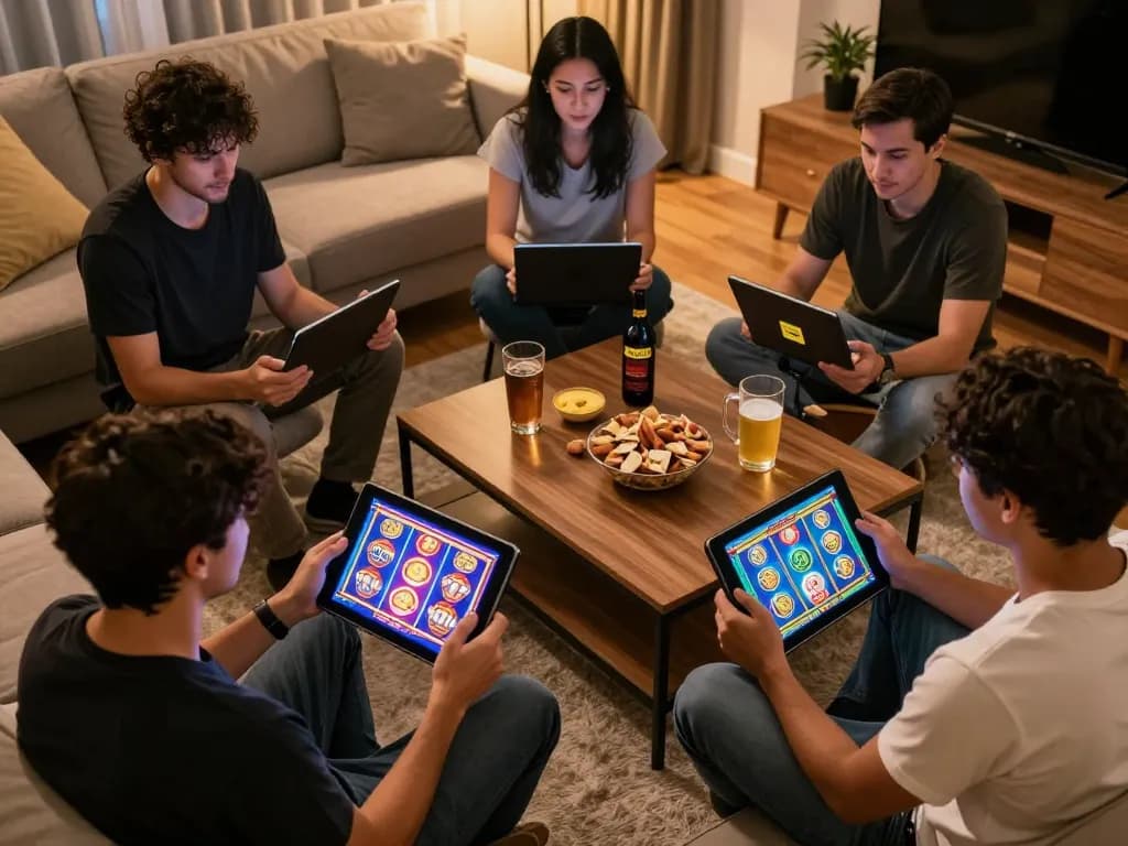 Players enjoying an online slot qris game in a cozy home environment with tablets and snacks