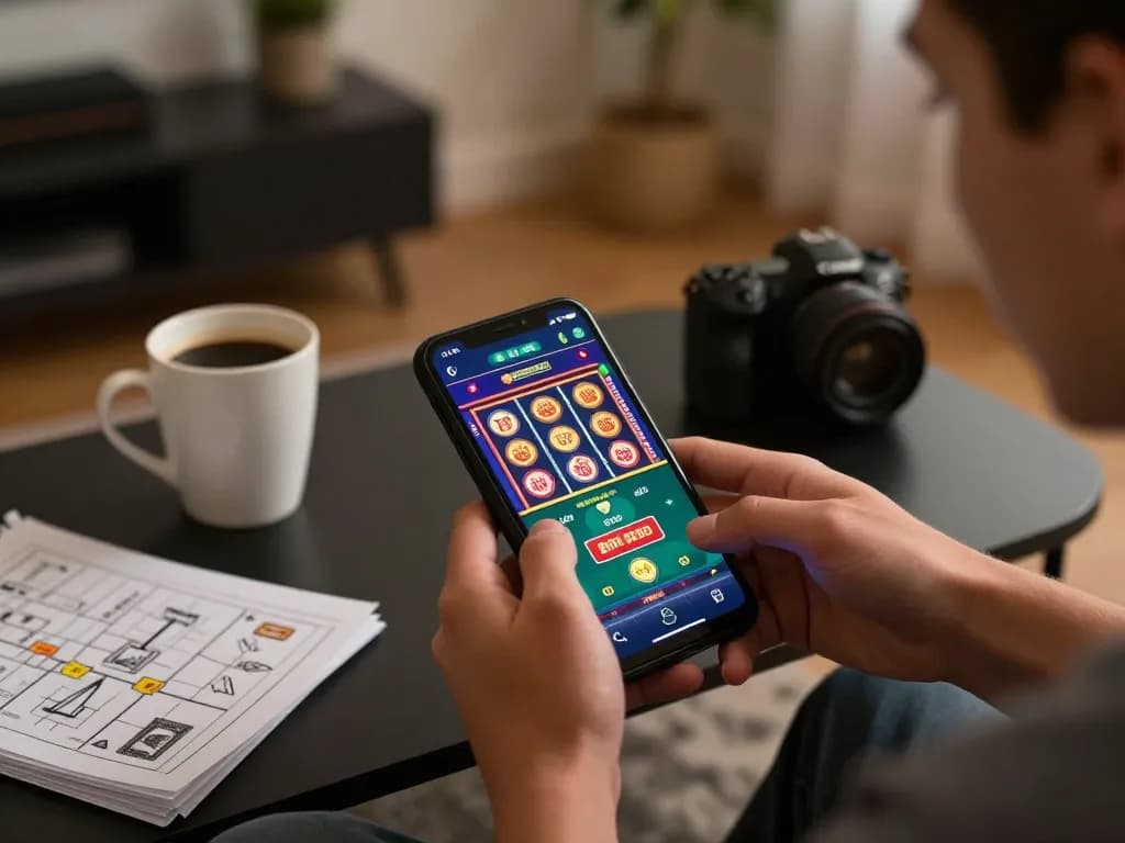 Player enjoying a mobile casino app with gen-e interface in a cozy home setting, featuring slots and poker.
