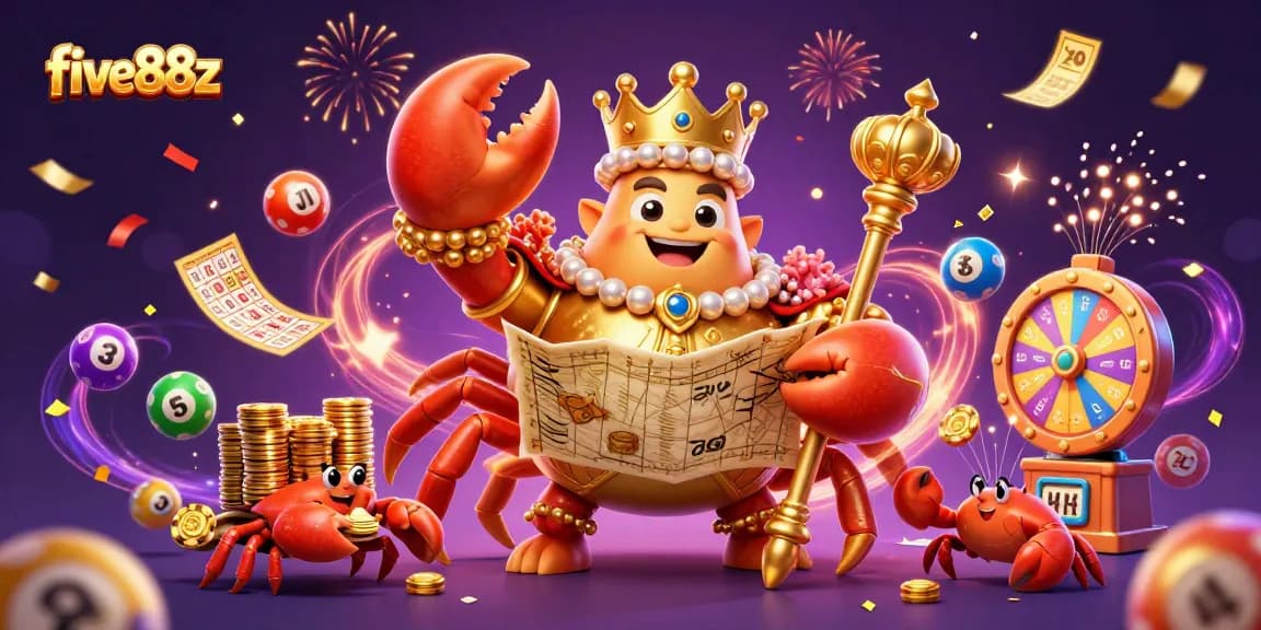 Experience five88z's vibrant lottery scene featuring a crab emperor overseeing dynamic game elements and confetti.