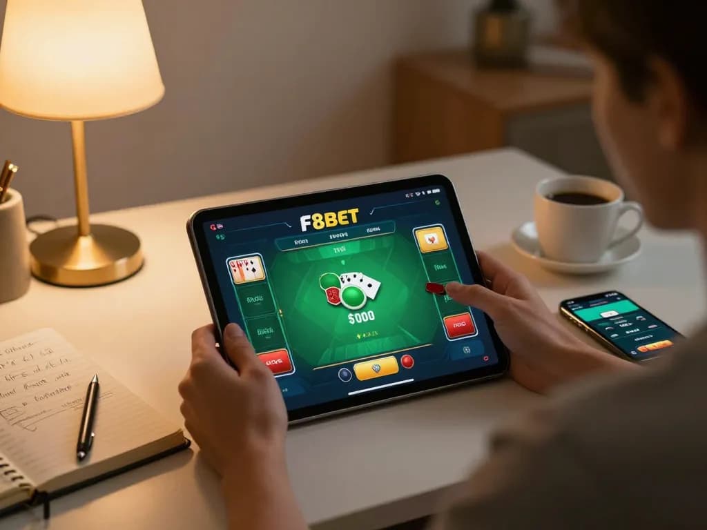 Engaging in F8bet poker gameplay on a tablet in a cozy home setup, showcasing responsible gaming.