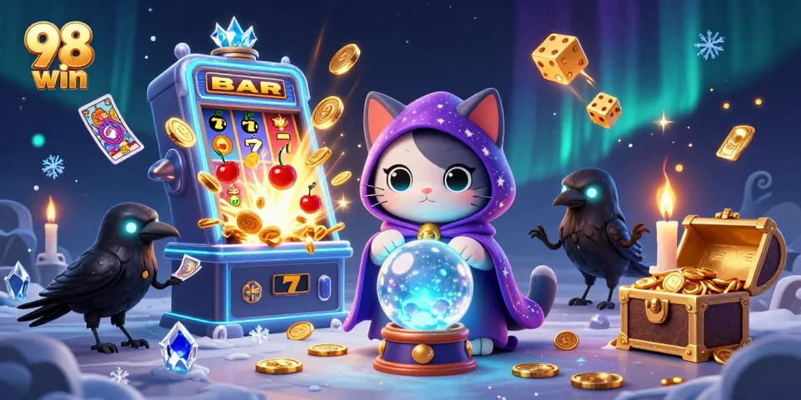 Experience the thrill of 98 win with a vibrant 3D casino illustration showcasing magical characters and exciting game elements.