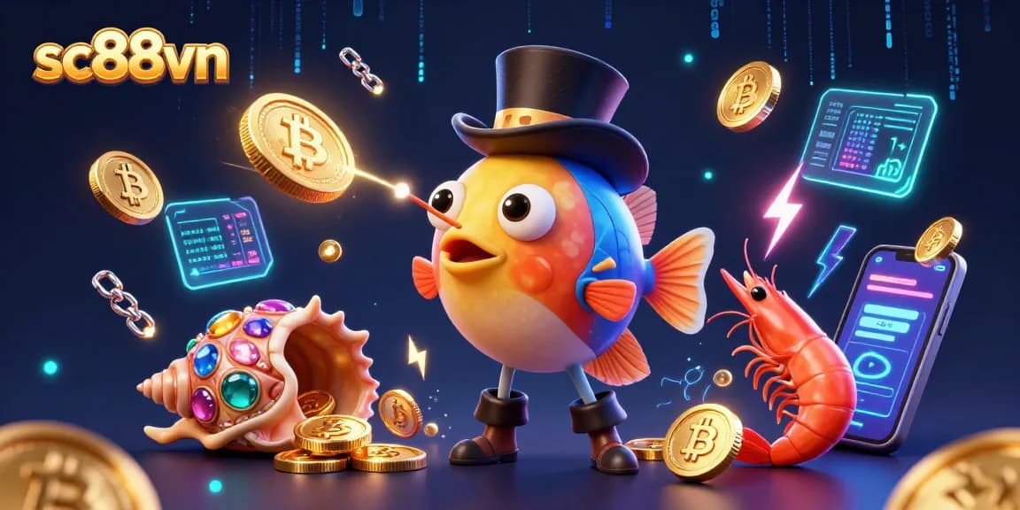 Engage with vibrant 3D casino world in sc88vn featuring a glowing anglerfish and shimmering coins.