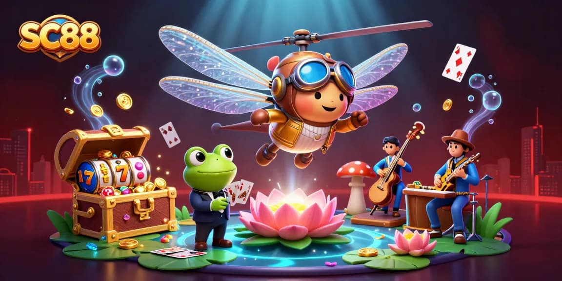 SC88 showcases a vibrant casino scene with a pilot and croupier amidst an explosion of treasures.