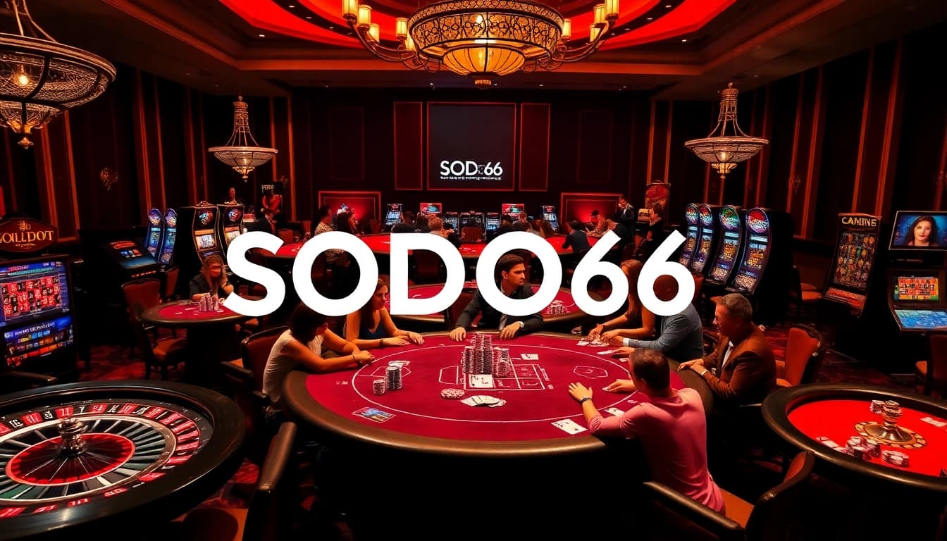 Engaging players at a poker table surrounded by SODO66 branding in a vibrant casino environment.