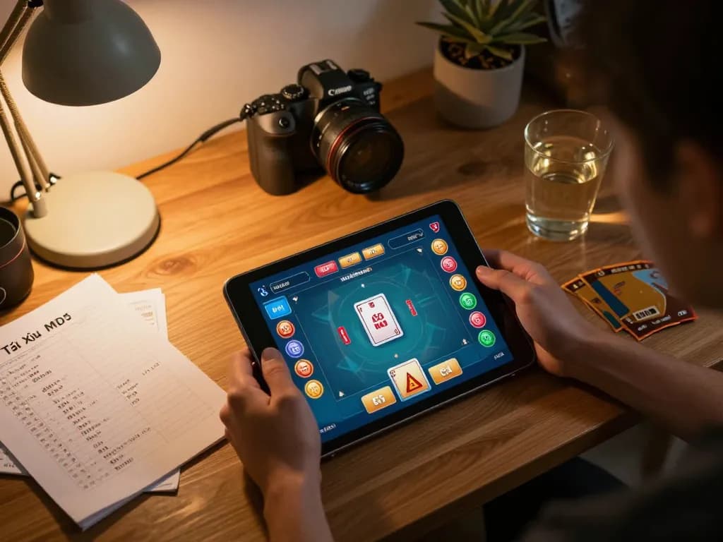 Playing Tài Xỉu MD5 on a tablet with strategic notes at home for responsible gaming