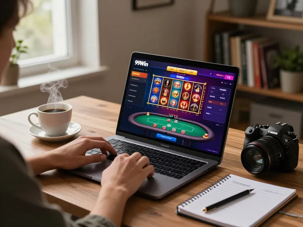 Person engaging with the exciting 99Win online gambling platform on their laptop, surrounded by coffee and strategy notes.