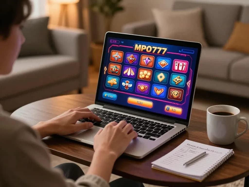 Pemain MPO777 terlibat dalam permainan online di rumah dengan antarmuka permainan kasino yang dinamis di layar.