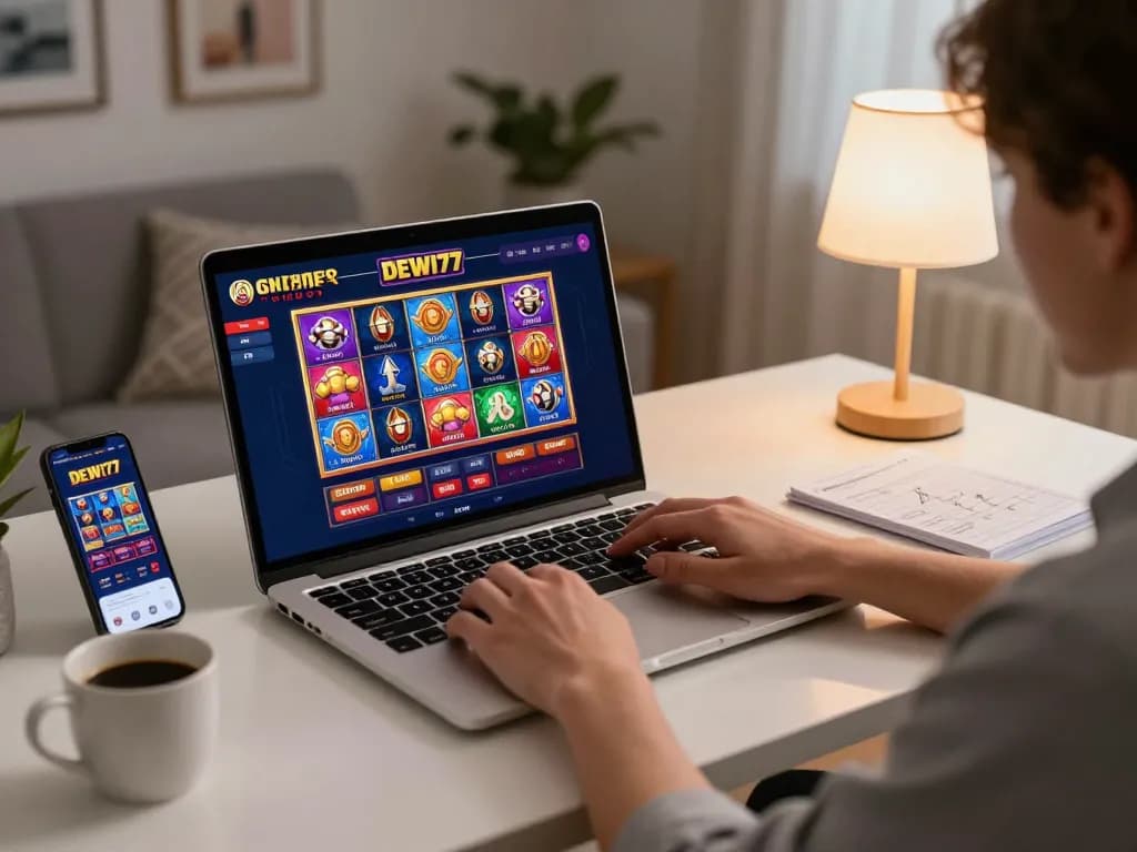 Pengalaman permainan daring yang menarik dengan aplikasi DEWI77 di laptop, catatan strategi, dan suasana rumah yang nyaman