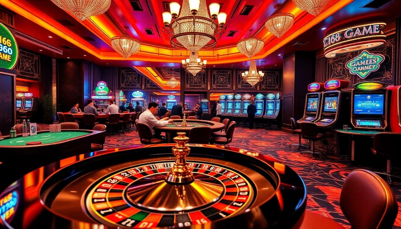 Experience C168 GAME with high-stakes roulette and vibrant poker tables in a luxurious casino.